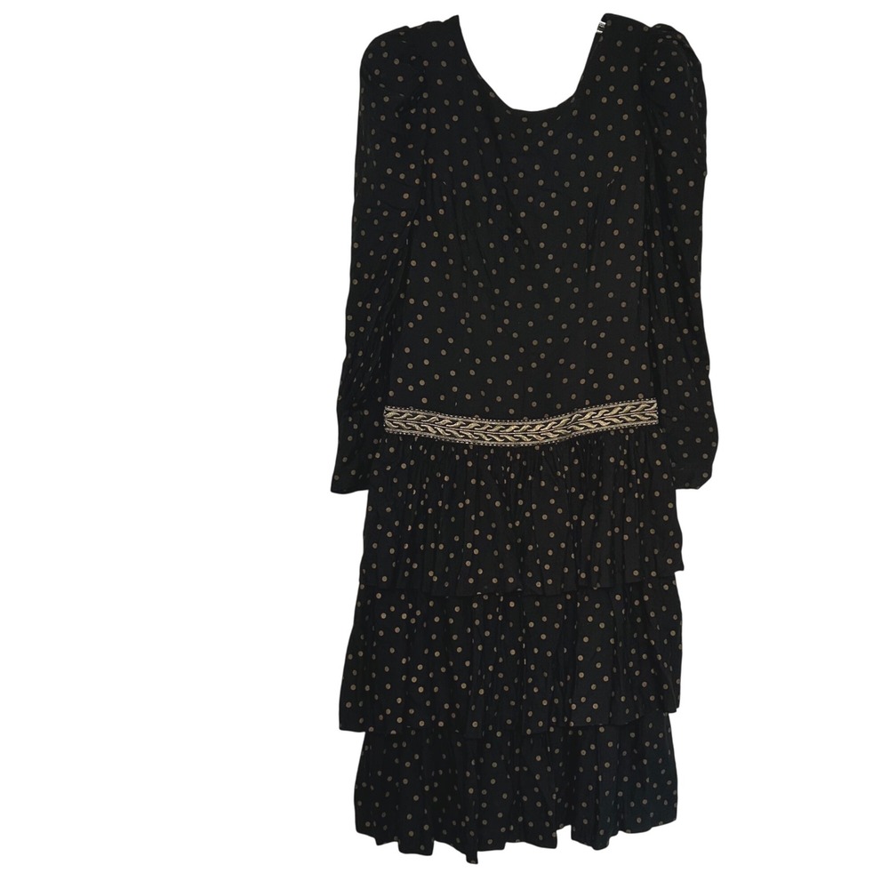 Vintage Leslie Lucks Polka Dot Dress Tiered Midi Puff Long Sleeve Party Classic